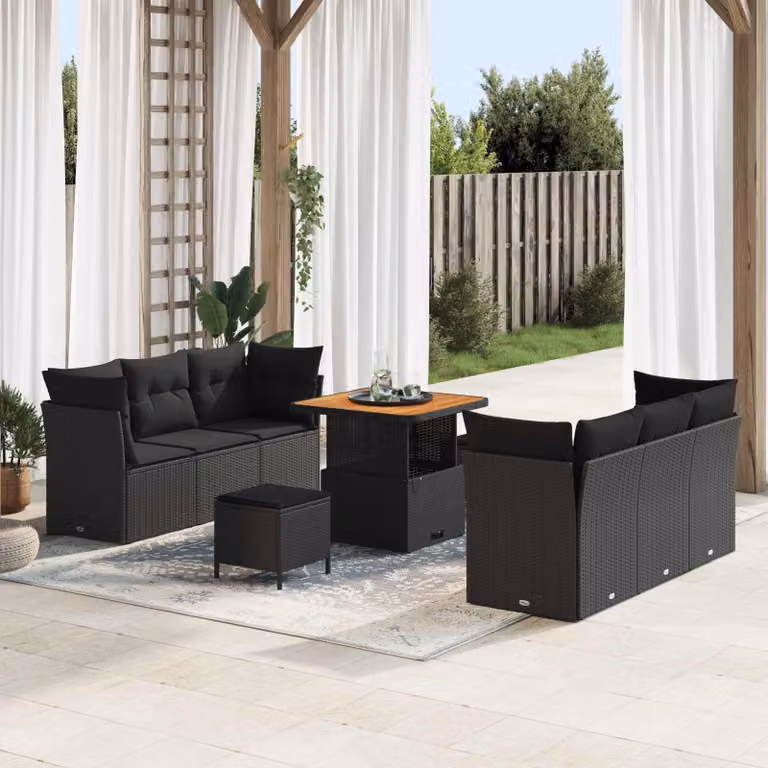 Set Divano da Giardino Moderno vidaXL in Polyrattan Nero con 9 Pezzi e Cuscini