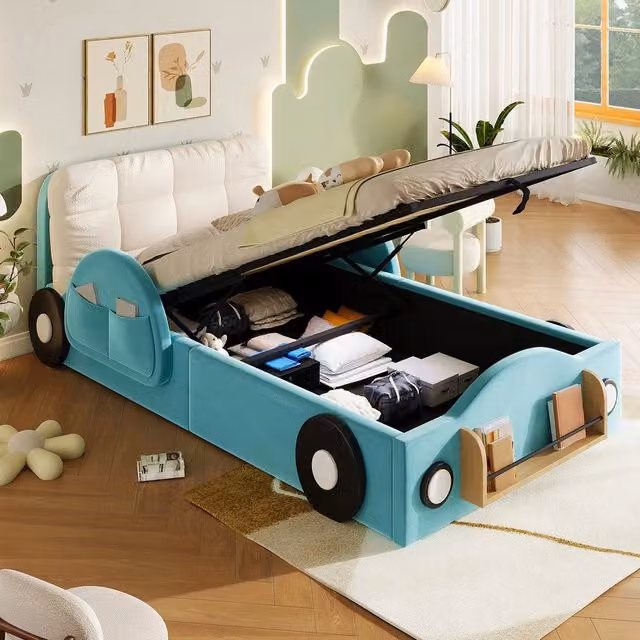 Letto imbottito contenitore ¨C Minimal ¨C velluto grigio 90x200 cm, con pedana idraulica, tasche laterali e ripiano per libri