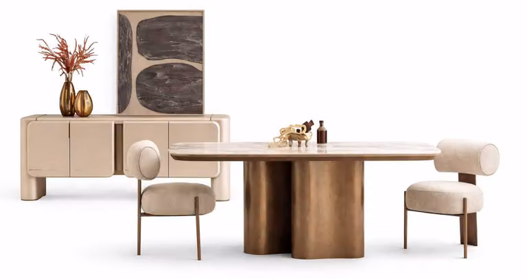 Set di mobili da sala da pranzo di design: tavolo da pranzo con 2 sedie e credenza di design