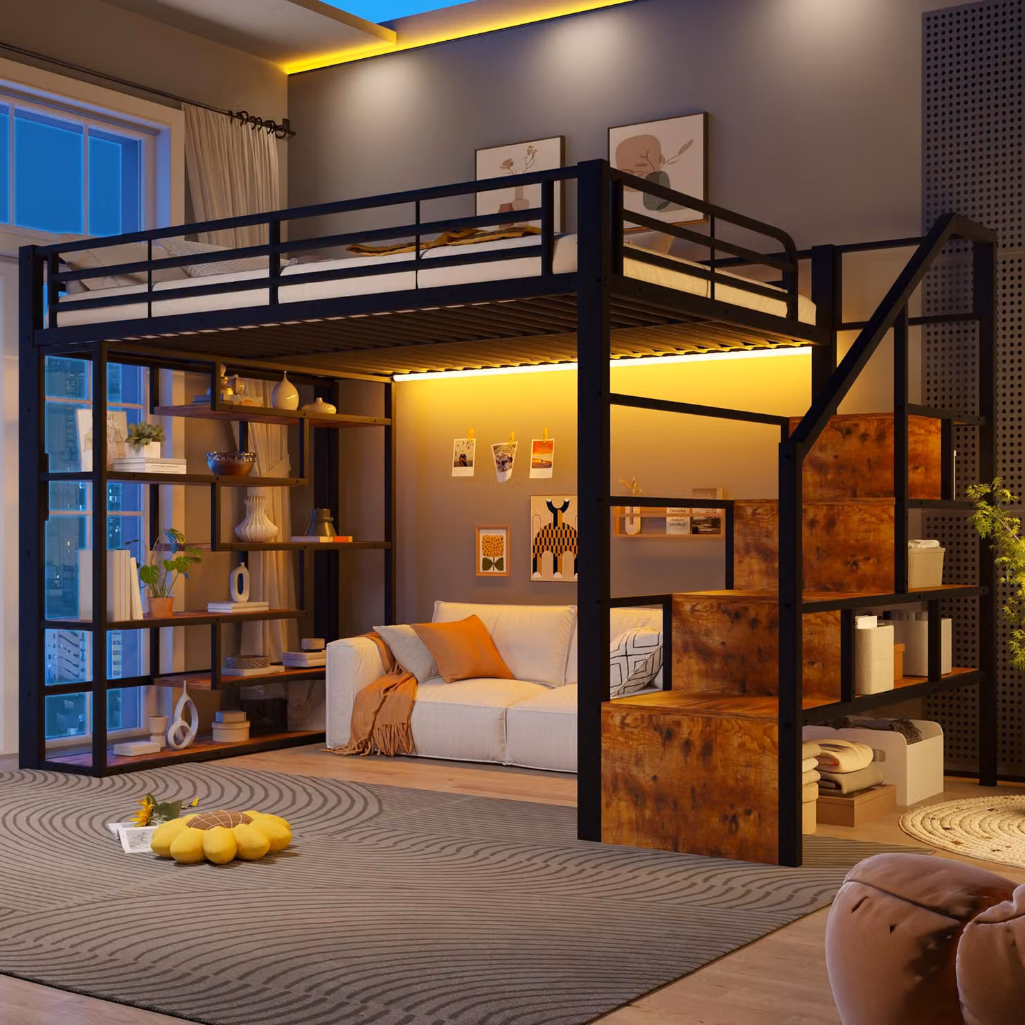 Letto a soppalco 140 x 200 cm con illuminazione a LED, spazio contenitivo e scaletta integrata, struttura in metallo con pannelli in MDF, ringhiera di sicurezza e scaletta, colore nero