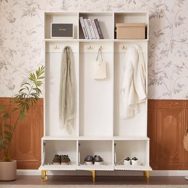 Set Ingresso con Panca e Appendiabiti ¨C MINIMAL ¨C Bianco, Ganci, 120x40x191.5 cm