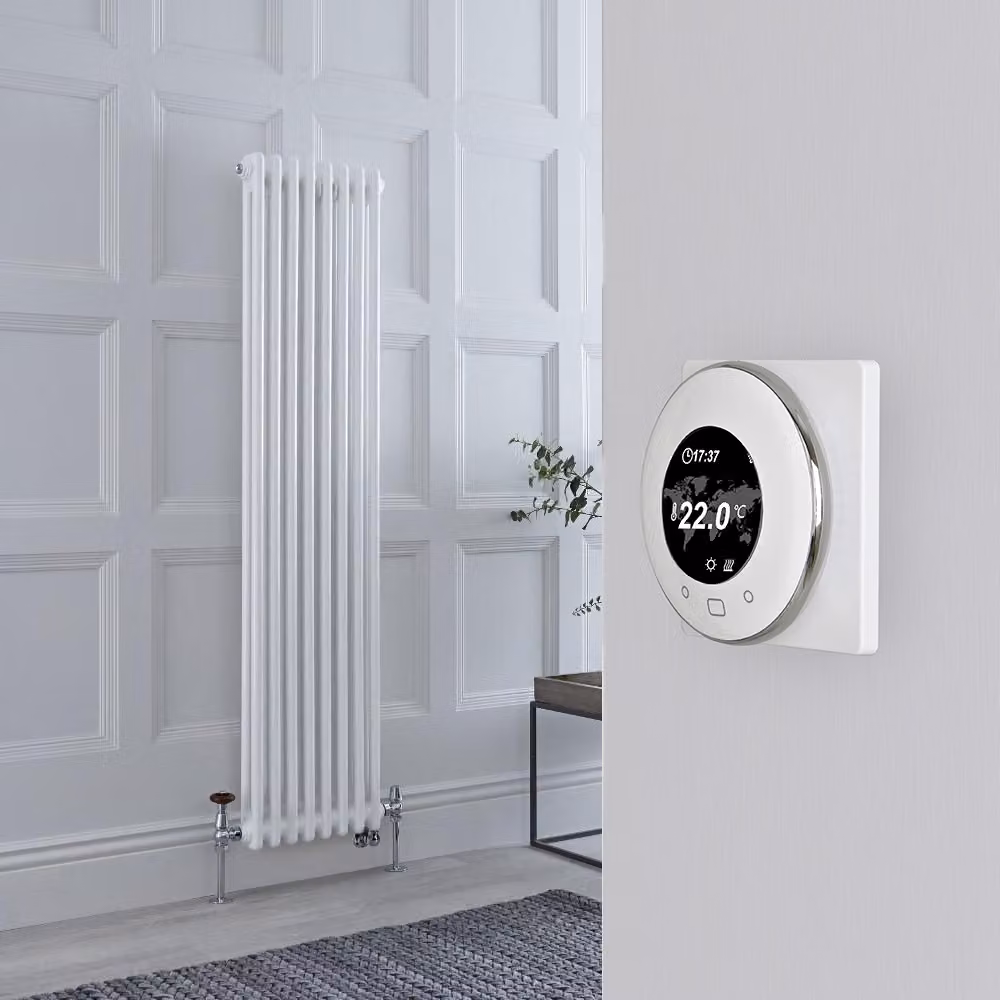 Radiatore Misto Verticale Bianco Doppio con Valvole Cromate con Termostato WiFi - 1500mm x 380mm - Regent