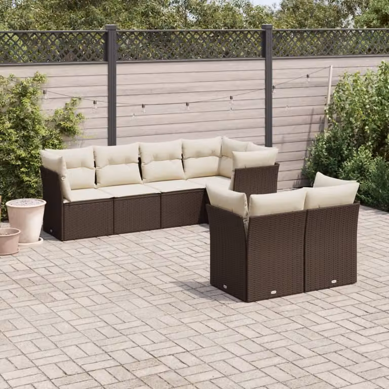 Set di divani da giardino vidaXL a forma di L composto da 7 pezzi con cuscini marroni in polyrattan e tessuto resistente ai raggi UV