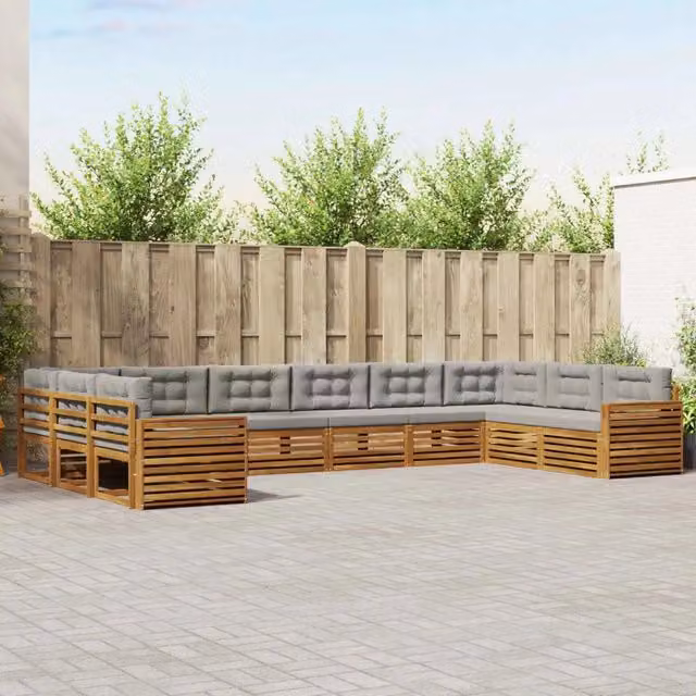 Set di divani da giardino a L con struttura in legno di acacia e cuscini grigi vidaXL