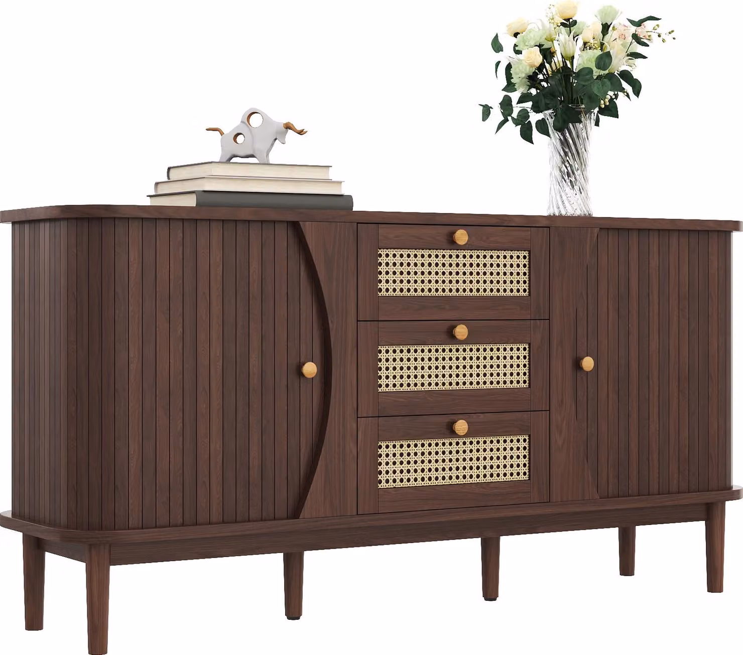 Credenza in rattan Fortuna Lai con cassetti, cassettiera con ante scorrevoli