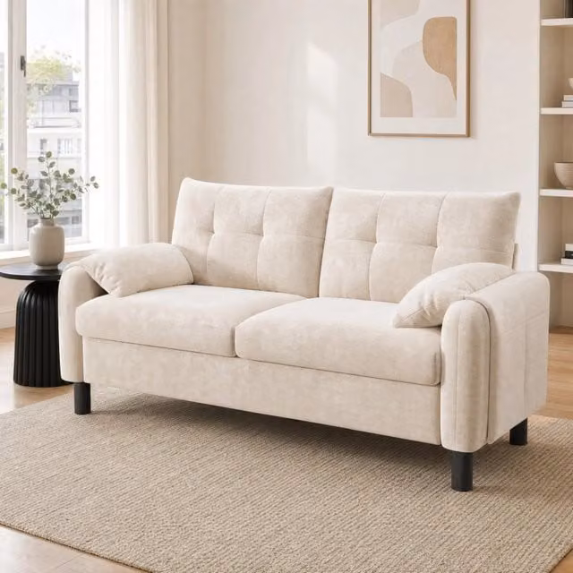 Divano 2 posti in ciniglia beige con tasche laterali e 2 cuscini HOMVRA