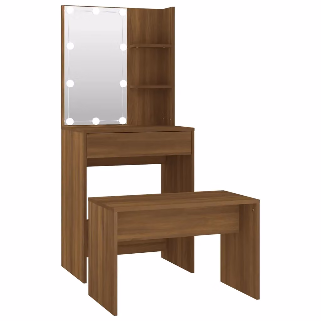 Set Tavolo da Toeletta con LED vidaXL in Legno Rovere Marrone L: 140 cm, P: 60 cm, H: 40 cm – 2