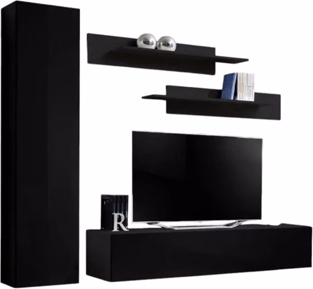 Composizione murale FLY G1 – Mobile TV sospeso, colonna e mensole – Nero lucido – Design moderno
