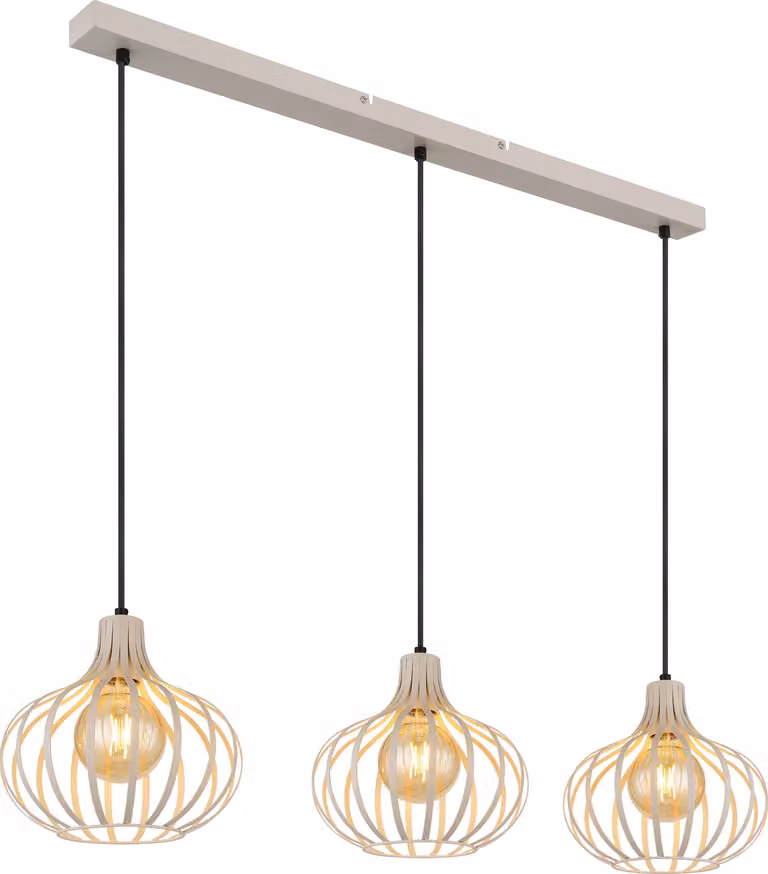 Lampada a sospensione NOWA, struttura in metallo color crema opaco, elementi in metallo color sabbia opaco, cavo in tessuto nero, altezza regolabile, dimensioni: 1030x250x1500 mm, esclusa lampadina: 3 x E27 60W 230V