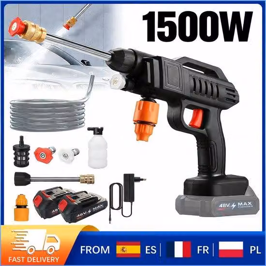 Idropulitrice elettrica ad alta pressione con funzione di chiusura automatica - 1500 W - Batteria agli ioni di litio da 48 V - Tubo flessibile da 5 metri.