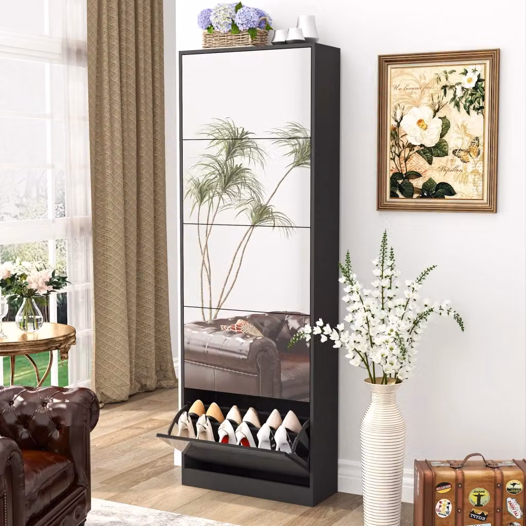 Scarpiera Mivray con specchio e 5 ante a ribalta in MDF nera per ingresso L: 63 cm, P: 23,6 cm, H: 185 cm – 2