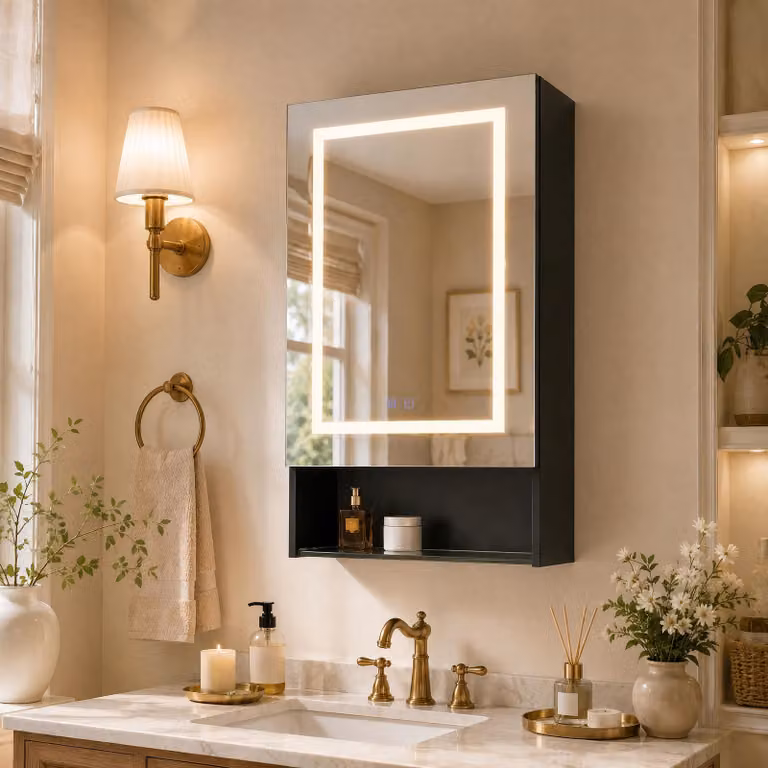Mobiletto con specchio a LED per il bagno, dimensioni 88 x 50 x 15 cm, con 1 anta a specchio, ripiano inferiore, 3 tonalità di luce e funzione antiappannamento. Armadietto per il bagno