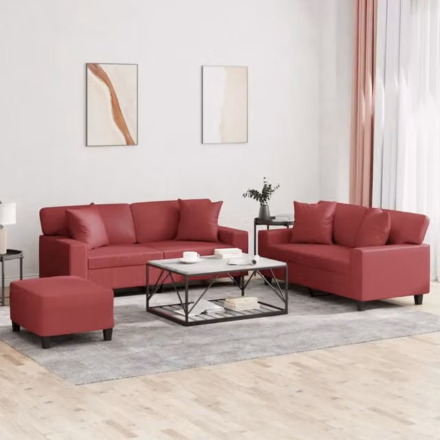 Set di Divani 3 pz con Cuscini Rosso Vino in Similpelle 3201932