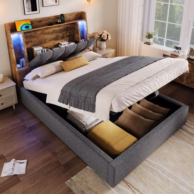 MODFU Letto imbottito senza materasso 90x200 letto singolo in lino con striscia luminosa a LED e connessioni USB/Type-C, con design pieghevole, grigio