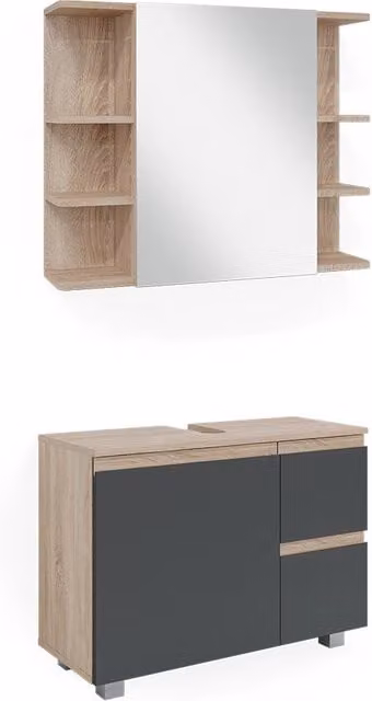 Set mobili bagno Vicco J-Shape Sonoma in 2 pezzi color beige opaco con base lavabo e pensile specchio