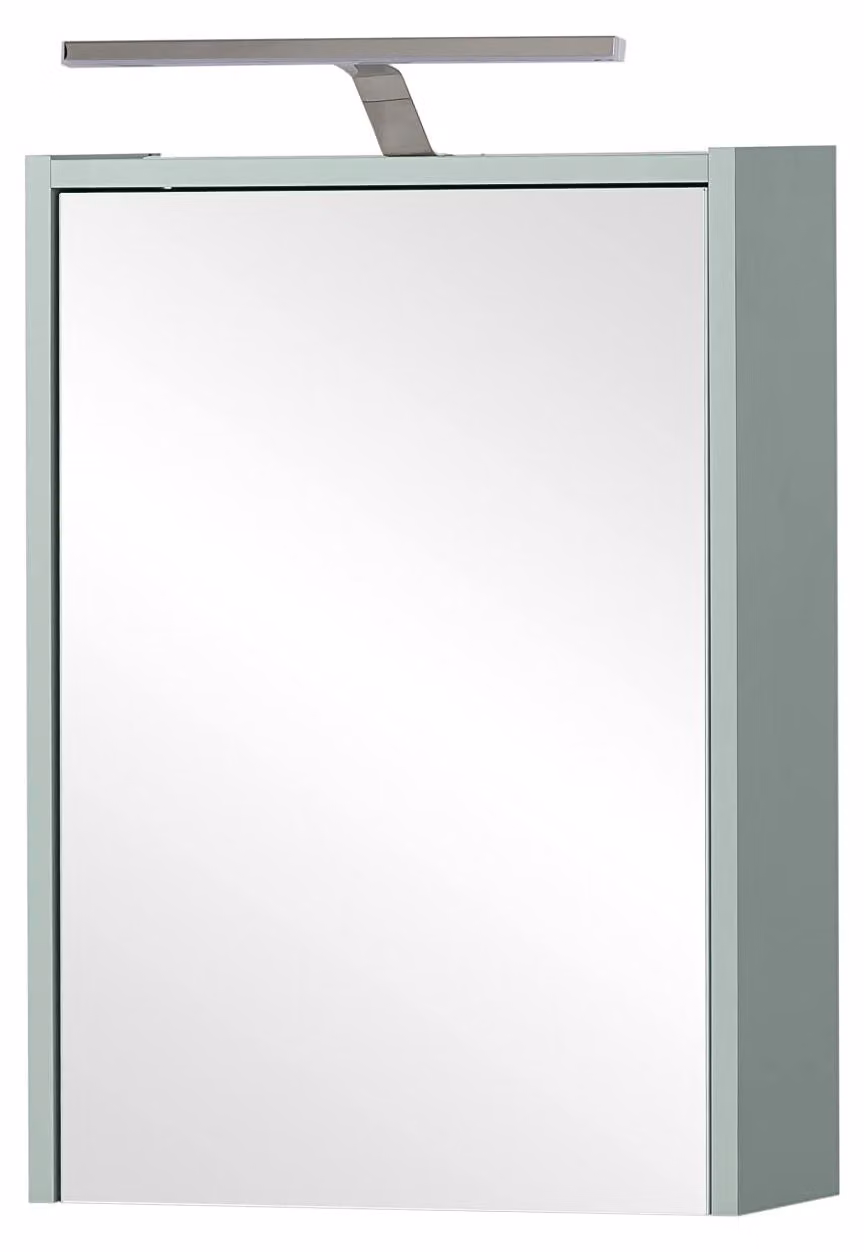 Specchio a muro, 43,5 x 16 x 64 cm, colore pistacchio, 1 anta, 2 ripiani in vetro
