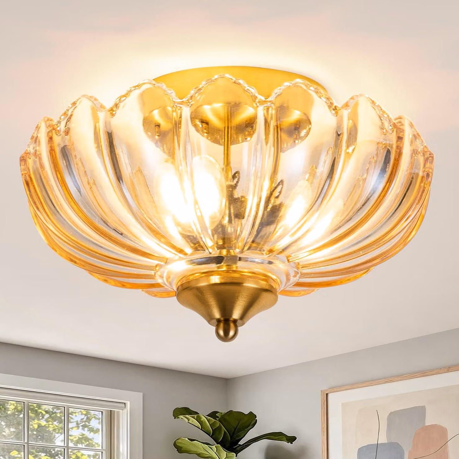 Lampada a soffitto vintage con paralume in vetro ambrato, attacco E27, 25 cm, stile retrò, da incasso parziale