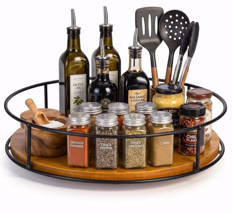 Organizzatore girevole in legno, 29 cm, con funzione di rotazione a 360°, salvaspazio, versatile, ideale per armadi della cucina, piani di lavoro, tavoli da pranzo, uffici, camere da letto