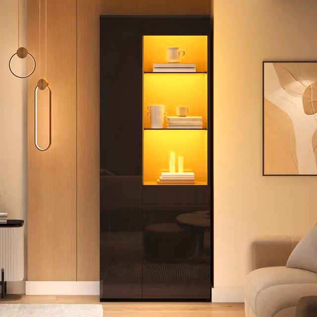 Vetrina nera 70x35x180 cm con cassetti, ante in vetro e illuminazione LED. Mobile alto tipo highboard, portata consigliata 45 kg