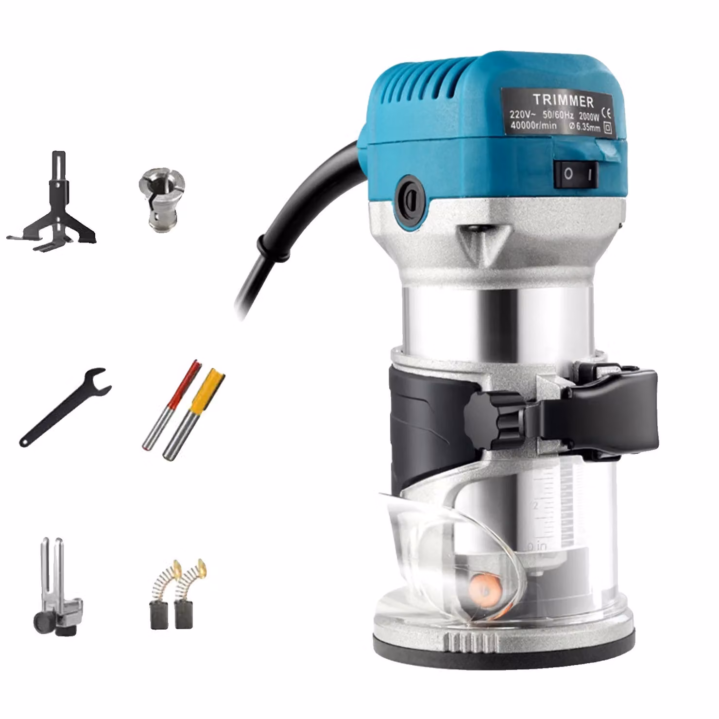 Fresa elettrica per legno, potenza 2000 W, velocità 40000 giri/min, blu