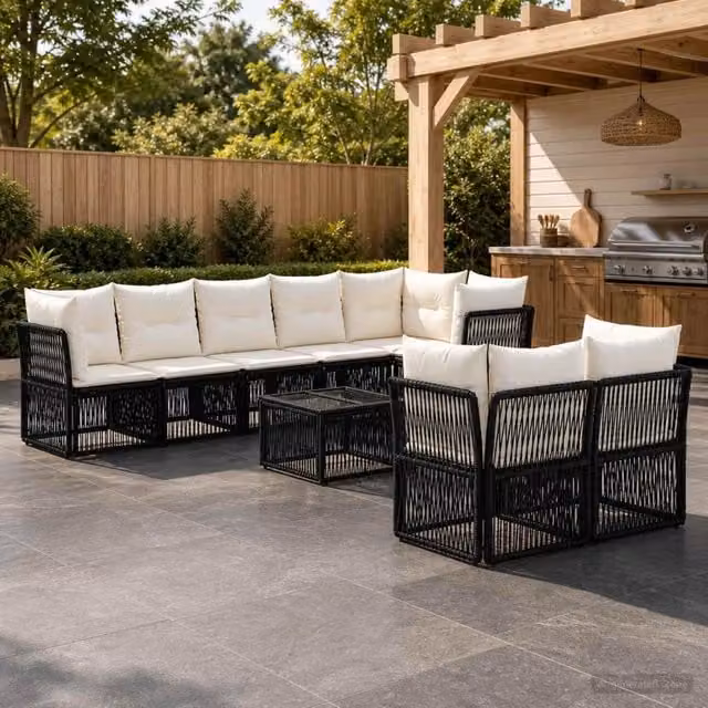 Set Divano da Giardino Moderno vidaXL a Forma a L con Tavolino e Cuscini Neri – 1