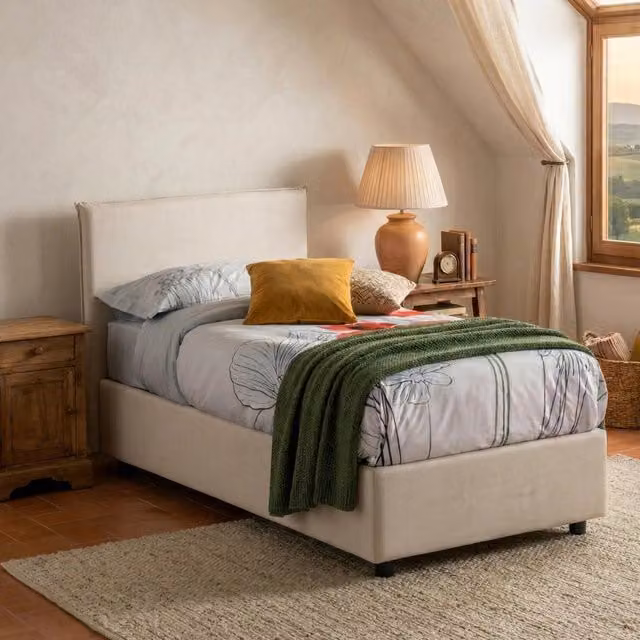Letto singolo contenitore Acuila Talamo Italia con rivestimento in tessuto e apertura laterale, Bianco