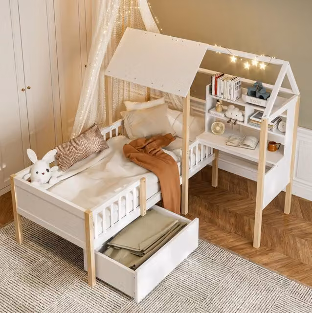 Letto a casetta ULEVR 90x200 cm con scrivania a L, libreria, cassetti con ruote e protezione anticaduta, bianco