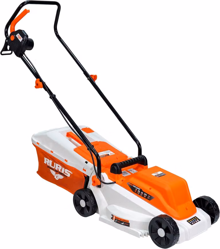 Tosaerba elettrico RURIS RXE1200, 1200 W, larghezza di taglio 320 mm, altezza di taglio regolabile a 25/45/60 mm, sacco di raccolta da 30 litri, 3100 giri/min