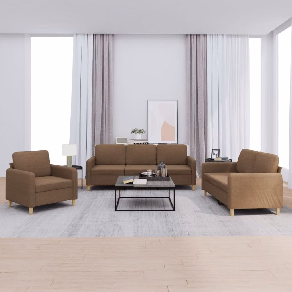 Set di divani da soggiorno vidaXL composto da un divano a 3 posti e un divano a 2 posti, colore marrone, rivestimento in tessuto con cuscini inclusi, design moderno