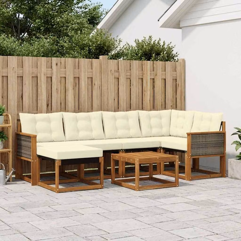 Set di divani da esterno vidaXL 7 pz in legno di acacia con cuscini beige e bianco