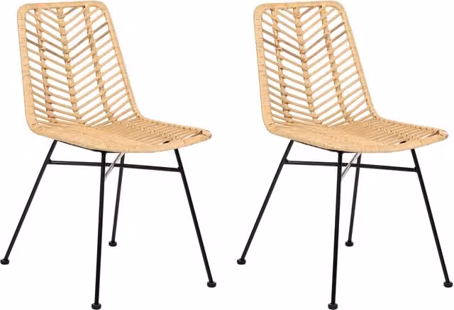 Set di 2 sedie in rattan naturale con seduta e schienale in vimini, senza braccioli, gambe in ferro