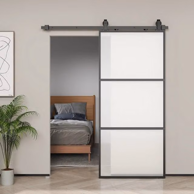 Porta scorrevole REDOM in vetro satinato e acciaio con sistema soft-close, colore nero, L: 91,4 cm, H: 203,2 cm
