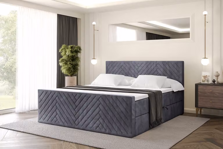 Letto boxspring ALTDECOR con materasso e rete a doghe, topper, letto imbottito con contenitore, letto con spazio contenitivo e materasso H4, letto matrimoniale, letto a cassettoni - VEXA-Z - 160x200 - Grigio scuro Casablanca