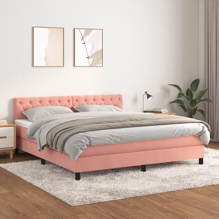 vidaXL Letto Ibrido con Giroletto a Molle e Materasso in Velluto Rosa e Bianco, L/P: 160 x 200 cm