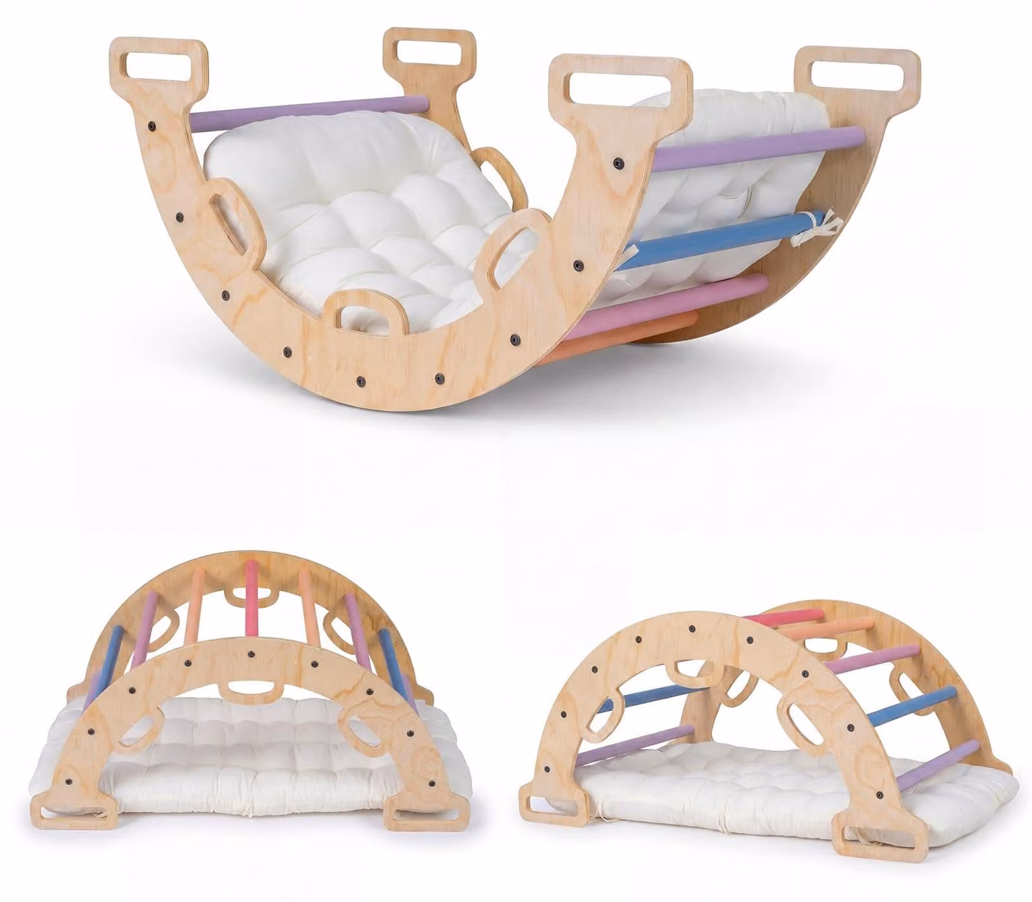 FANTASK, struttura in legno 3-in-1 per arrampicata, con cuscini, triangolo da interno per arrampicata e dondolamento