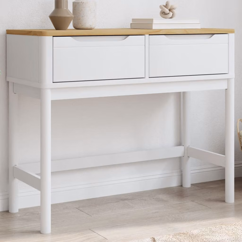 vidaXL Tavolo Consolle FLORO in Legno Massello di Pino Bianco L 89,5 cm x P 36,5 cm x H 73 cm