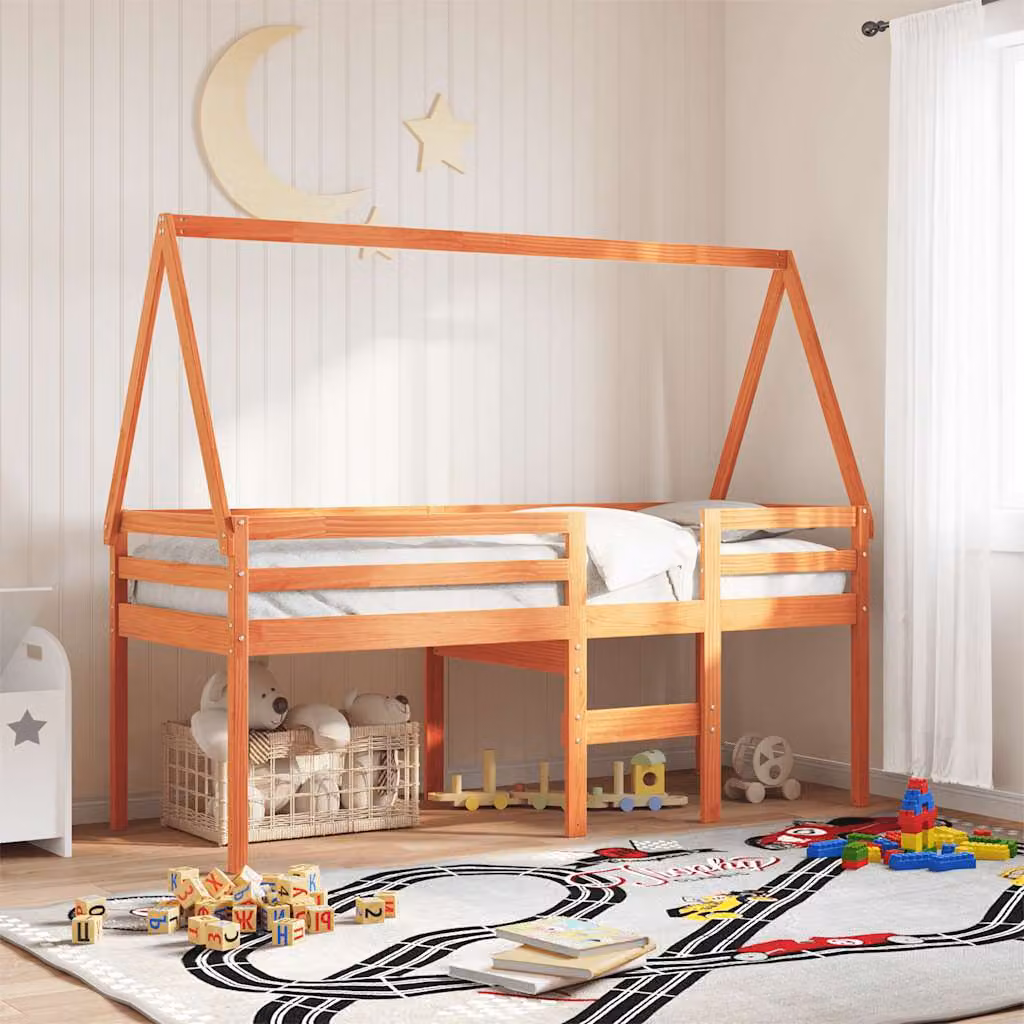 Letto a tetto per bambini vidaXL in legno massello di pino color marrone cera L: 209 cm, P: 85,5 cm, H: 88 cm