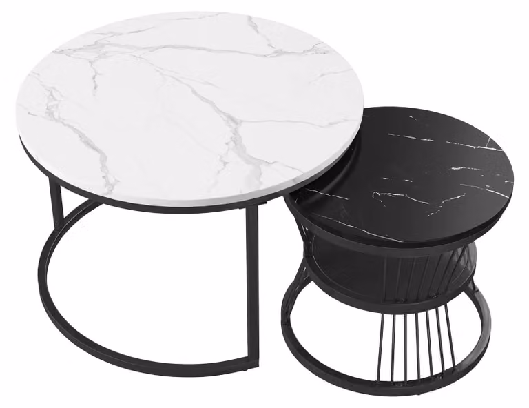 Set 2 in 1 composto da 2 tavolini rotondi - tavolini per il soggiorno - aspetto marmo - struttura in metallo - spazio contenitivo - bianco e nero