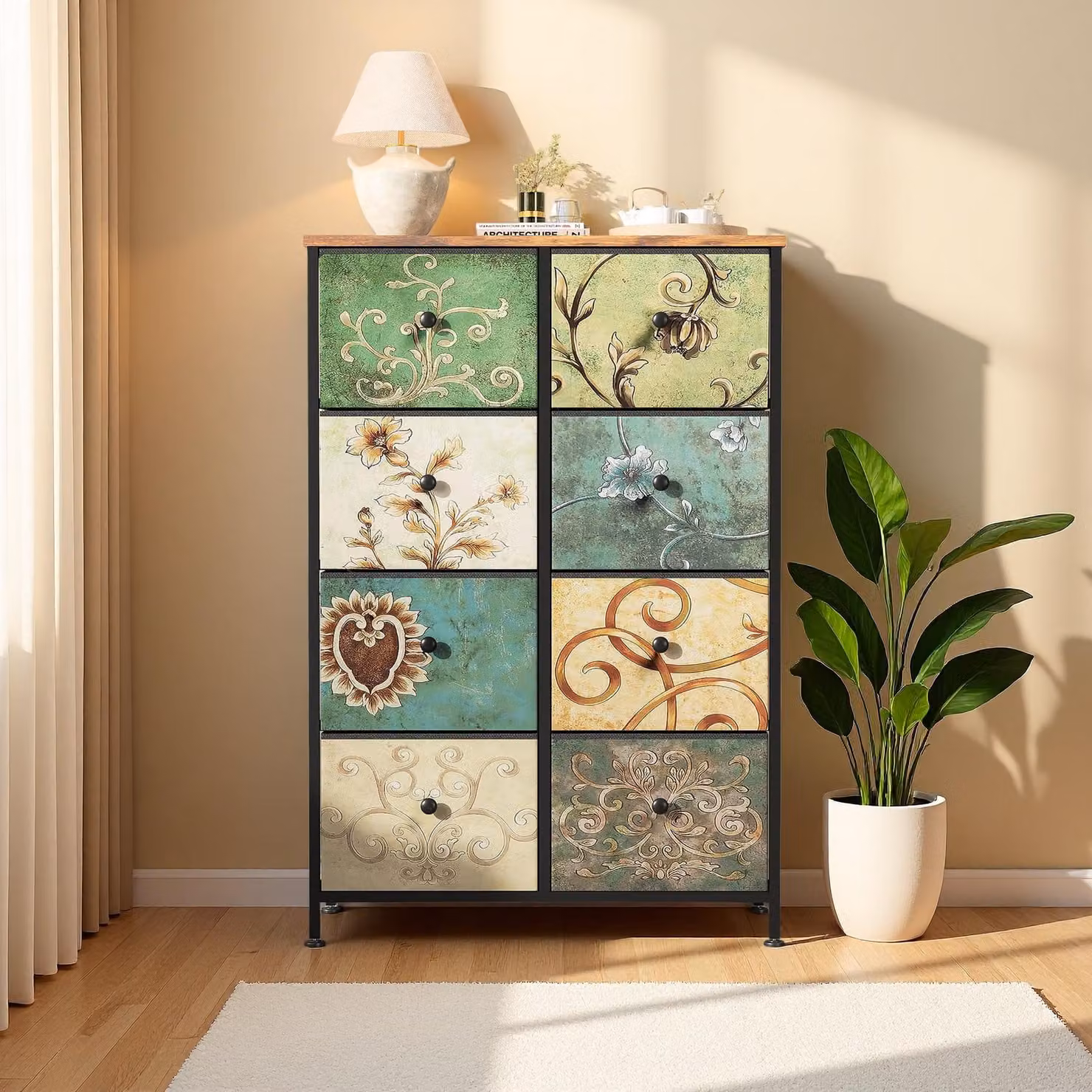 Comodino INONEFT con 8 cassetti, mobile contenitore retro' con piano in legno, cassetti in tessuto e struttura in metallo, adatto per camera da letto o soggiorno, dimensioni 30x67x100 cm
