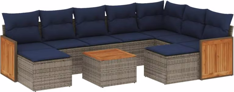 Set Divani da Giardino 10 pz con Cuscini Grigio in Polyrattan