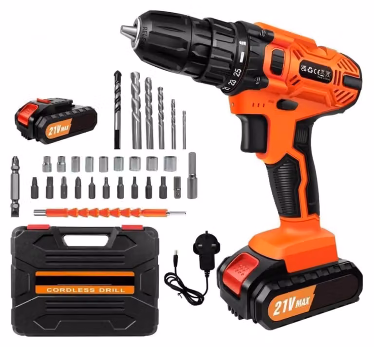 Trapano avvitatore a batteria - Set di punte - 1 batteria - Con caricabatterie - 21 V - 1400 giri/min - Rosso