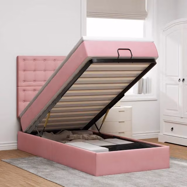 Letto con contenitore a sollevamento vidaXL in velluto rosa e bianco con illuminazione sottostante e porta USB L 203 cm x P 90 cm x H 140 cm