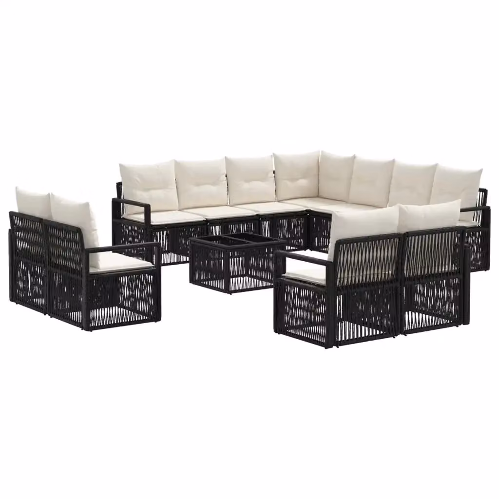 Set Divano da Giardino a Forma a U vidaXL in Polyrattan Nero con Cuscini e Tavolino da Esterno – 2