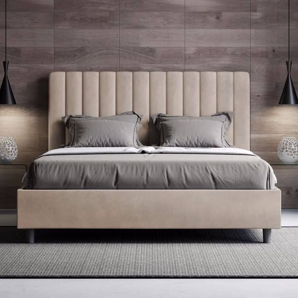 Letto Matrimoniale Moderno Giordanoshop con Contenitore e Rete a Alzata in Microfibra Beige – 2