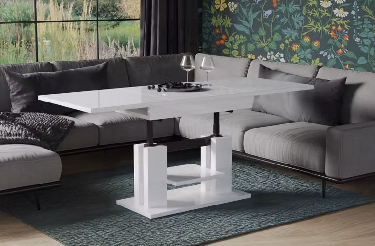 Tavolino Endo-Möbel Iso 110-170cm a doppia alzata regolabile in altezza tavolo funzionale allungabile (bianco lucido)