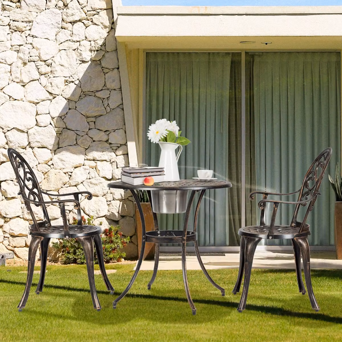 Set da giardino Costway composto da tavolo rotondo e 2 sedie con secchiello per ghiaccio in alluminio pressofuso, colore bronzo antico, resistente alle intemperie – 3