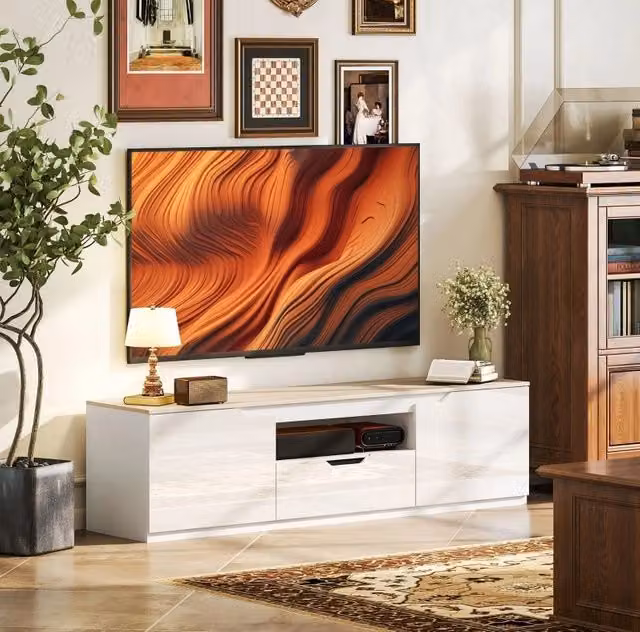 Mobile TV ULEVR 160x38x43 cm con 2 ante, cassetto e vano aperto, MDF effetto legno naturale