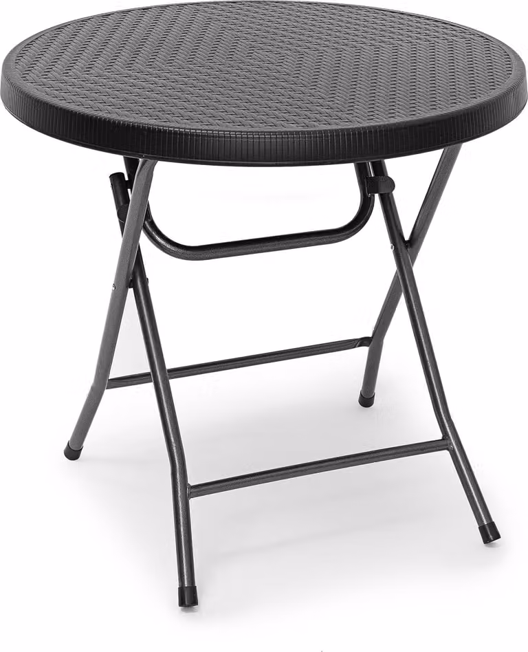 Tavolo da giardino pieghevole BASTIAN di Relaxdays, rotondo, A x L x P: 74 x 80 x 80 cm, metallo, plastica, effetto rattan, nero