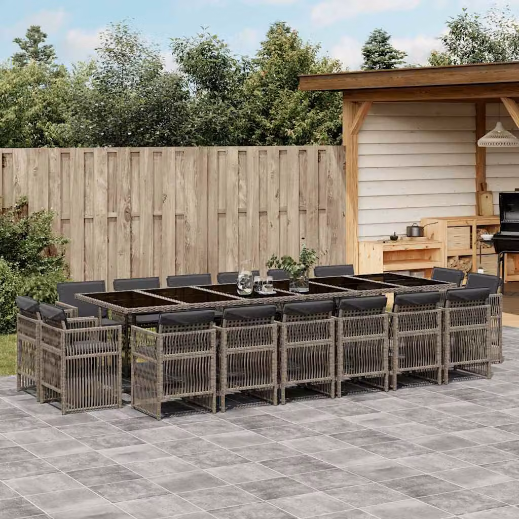 Set da pranzo da giardino vidaXL in polyrattan con cuscini grigi e piano in vetro, 17 pezzi – 1