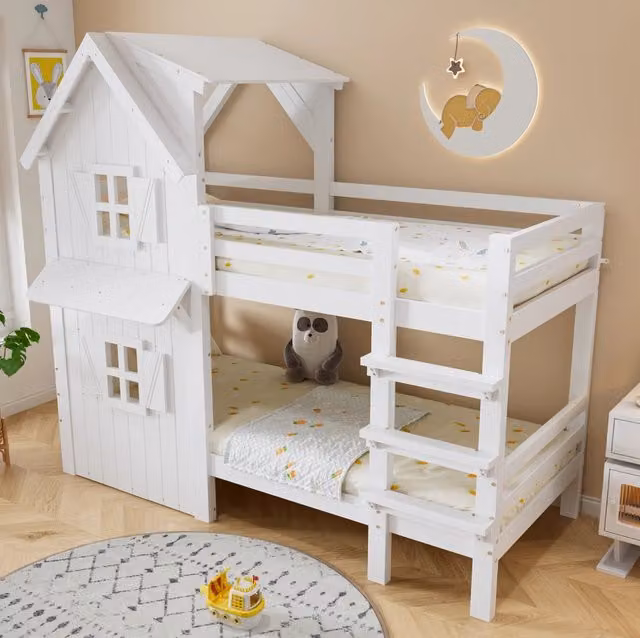 Letto a castello 90x200 cm bianco in legno di pino e MDF, scala a 3 gradini, senza materasso